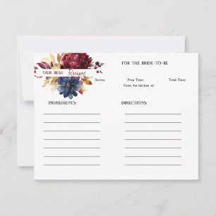 Lush Navy Wine Floral Bridal Shower Recipe Note Card