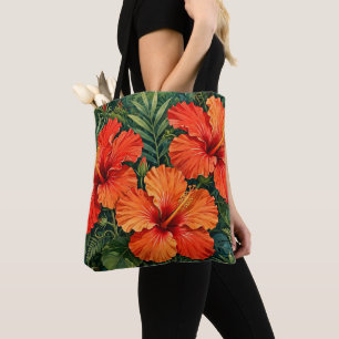 Lush Orange Hibiscus Jungle Flowers Tropical Tote Bag