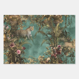 Lush Ornate Scene Leopard Foliage Vibrant Flowers Wrapping Paper Sheets