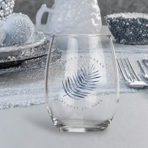 Lush Palm Leaf Wedding Blue ID956 Stemless Wine Glass