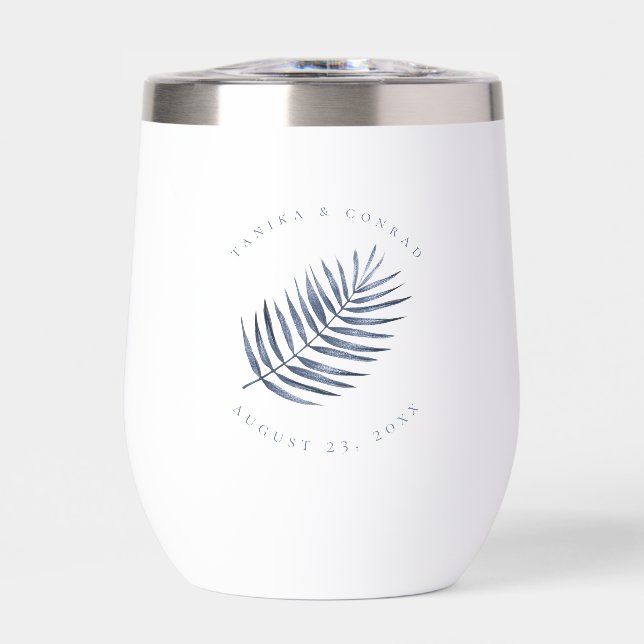 Lush Palm Leaf Wedding Blue ID956 Thermal Wine Tumbler (Front)