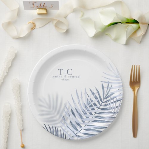 Lush Palm Leaf Wedding BlueWht ID956 Paper Plates