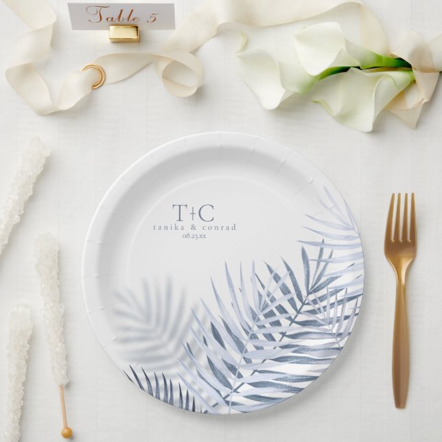 Lush Palm Leaf Wedding Blue/Wht ID956 Paper Plates (Wedding)