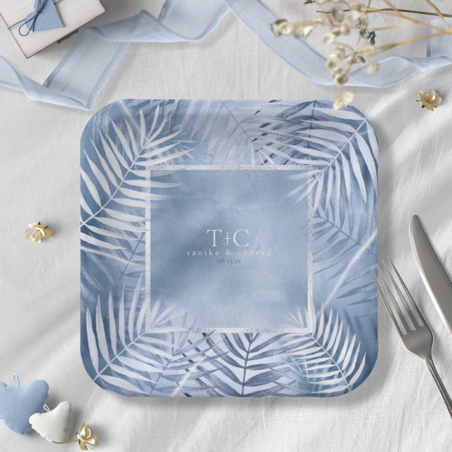 Lush Palm Leaf Wedding Frame Windsor Blue ID956 Paper Plates (Creator Uploaded)