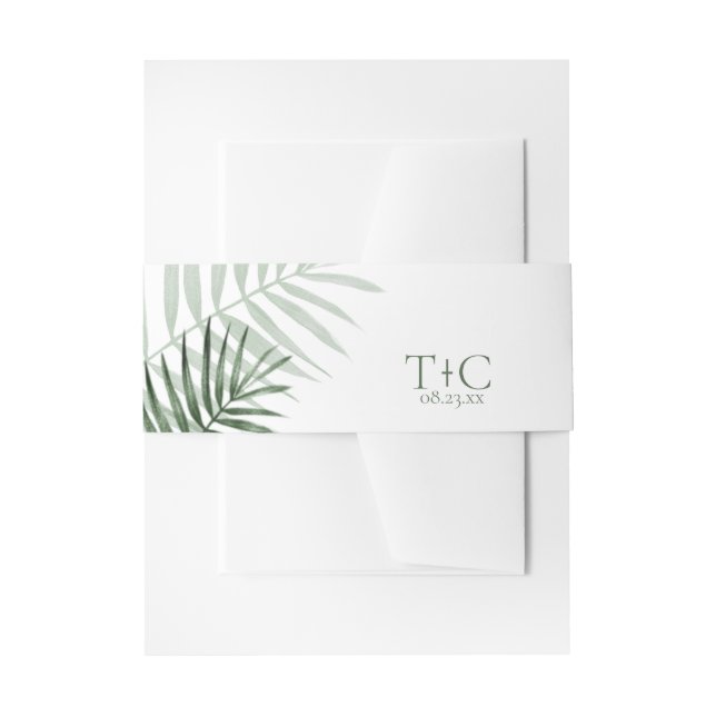 Lush Palm Leaf Wedding Green/White ID956 Invitation Belly Band (Front Example)