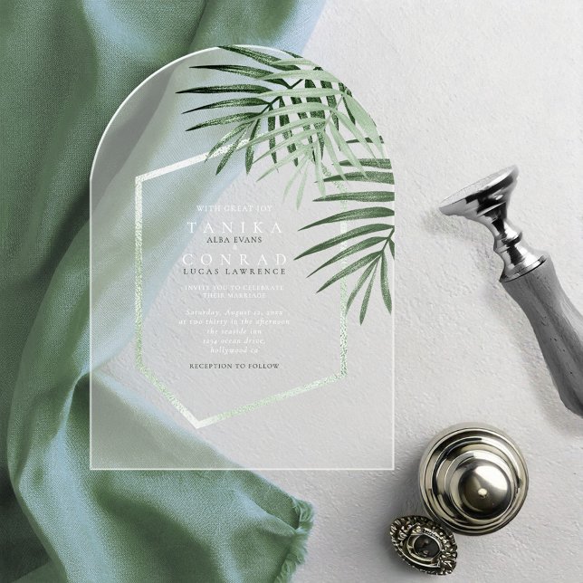 Lush Palm Leaf Wedding Moss Green ID956 Acrylic Invitations (Creator Uploaded)