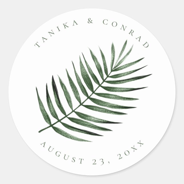 Lush Palm Leaf Wedding Moss Green ID956 Classic Round Sticker (Front)