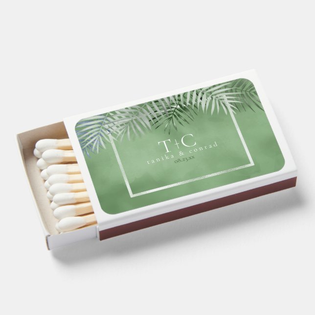 Lush Palm Leaf Wedding Moss Green ID956  Matchboxes (Front Open)
