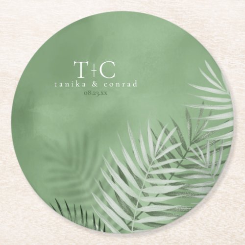 Lush Palm Leaf Wedding Moss Green ID956 Round Paper Coaster
