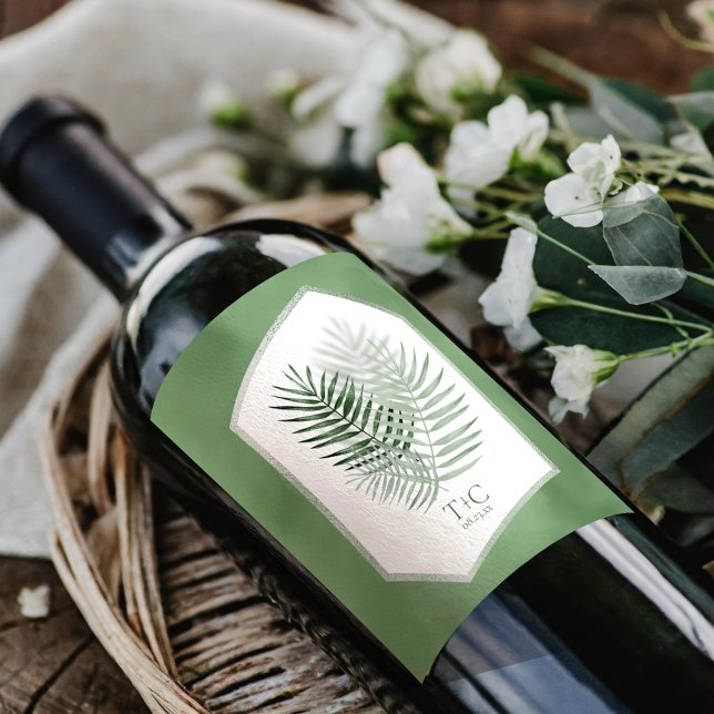 Lush Palm Leaf Wedding Moss Green ID956 Wine Label (Creator Uploaded)