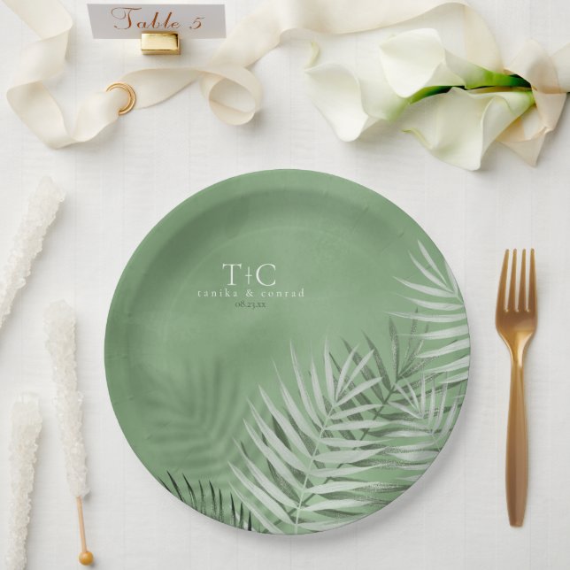 Lush Palm Leaf Wedding Moss Green V2 ID956 Paper Plates (Wedding)
