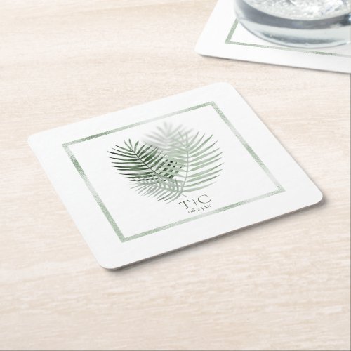 Lush Palm Leaf Wedding Moss GreenWhite ID956 Square Paper Coaster