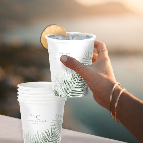 Lush Palm Leaf Wedding Moss GreenWht ID956 Paper Cups