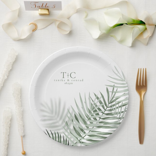 Lush Palm Leaf Wedding Moss Green/Wht ID956 Paper Plates (Wedding)