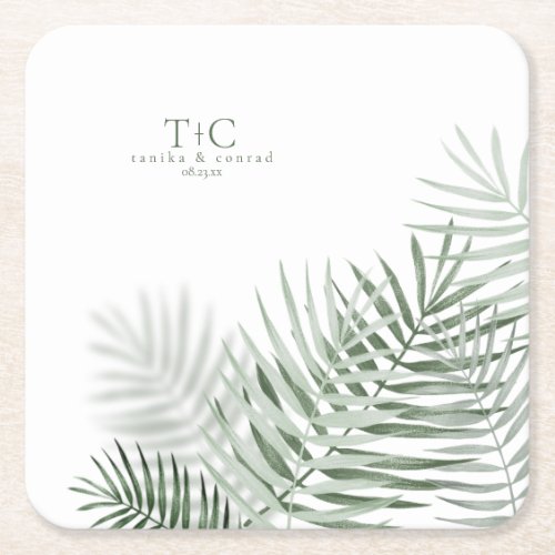 Lush Palm Leaf Wedding Moss GreenWht ID956 Square Paper Coaster