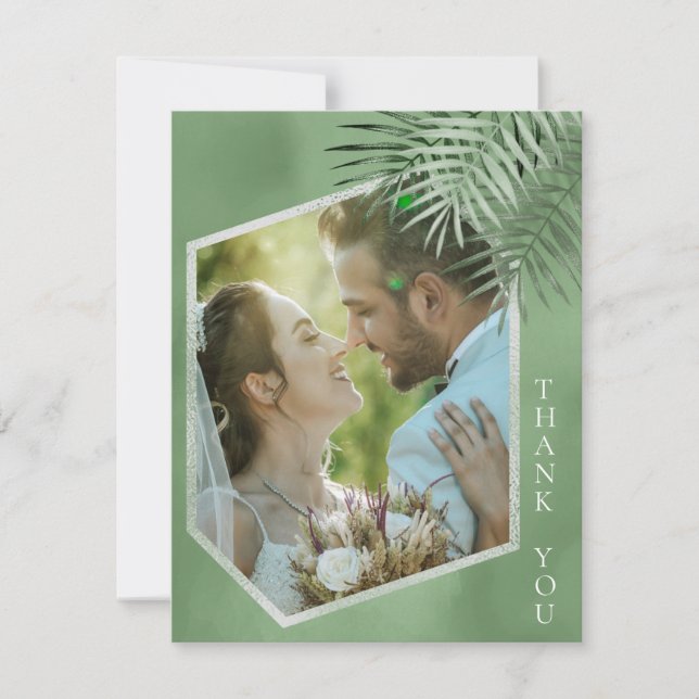 Lush Palm Leaf Wedding Photo Moss Green ID956 Thank You Card (Front)