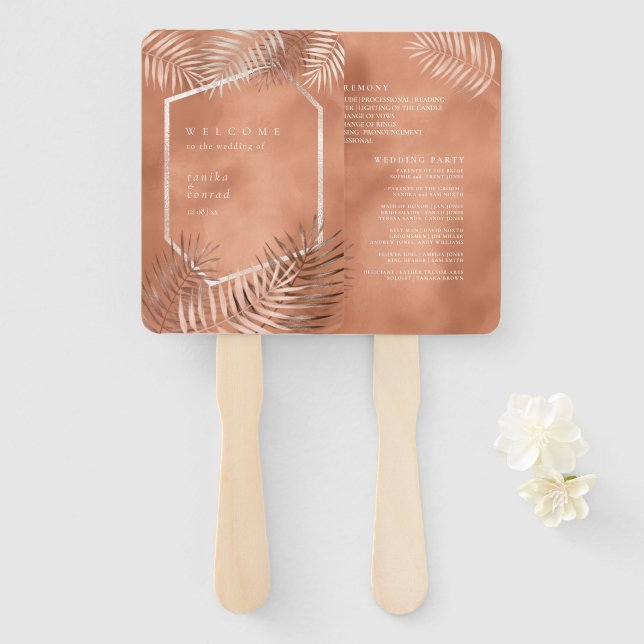 Lush Palm Leaf Wedding Program Terra Cotta ID956 Hand Fan (Front and Back)