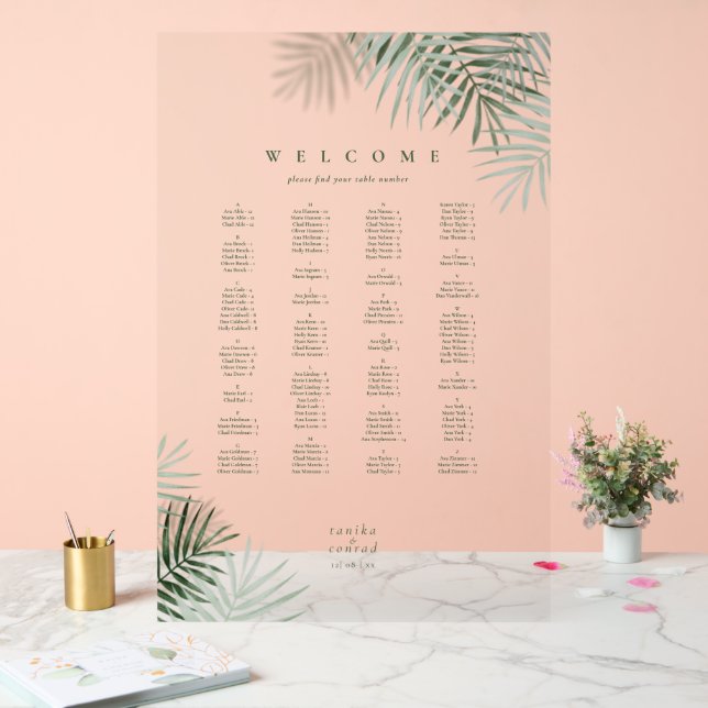 Lush Palm Leaf Wedding Seating Moss Green/Wt ID956 Acrylic Sign (Wedding)