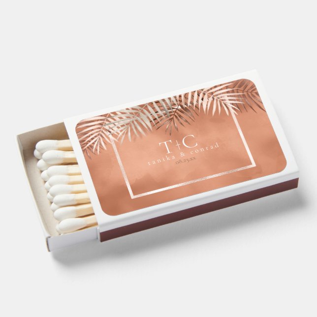 Lush Palm Leaf Wedding Terra Cotta ID956 Matchboxes (Front Open)