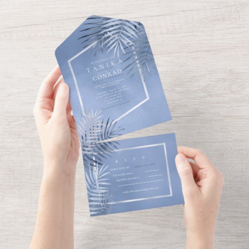 Lush Palm Leaf Wedding Windsor Blue ID956  All In One Invitation