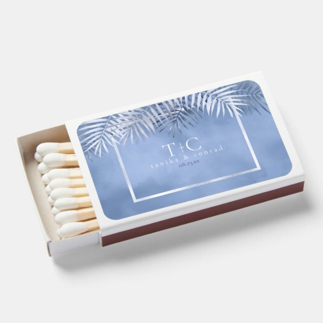Lush Palm Leaf Wedding Windsor Blue ID956 Matchboxes (Front Open)