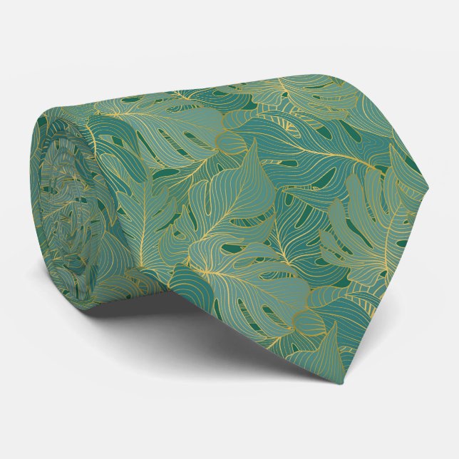 Lush palm leaves pattern in green and gold neck tie (Rolled)