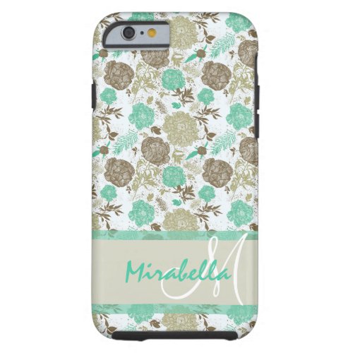 Lush pastel mint green beige roses on white name tough iPhone 6 case