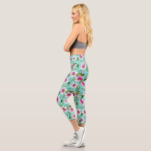 Lush Pink Blooms Watercolor Floral on Aqua Blue Capri Leggings
