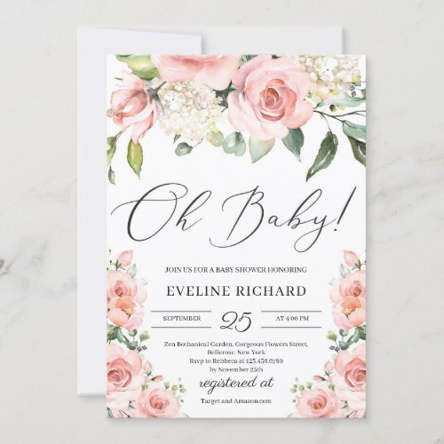 Lush pink floral bohemian calligraphy Oh Baby Invitation