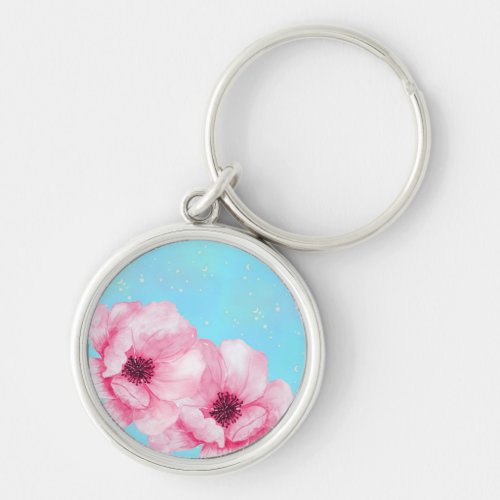 Lush Pink Flowers on Soft Blue Background Keychain