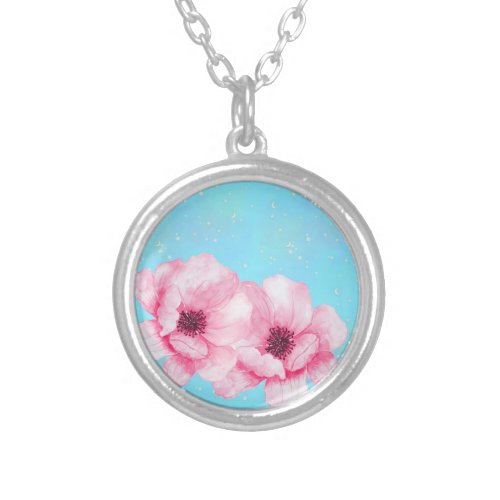 Lush Pink Flowers on Soft Blue Background Necklace