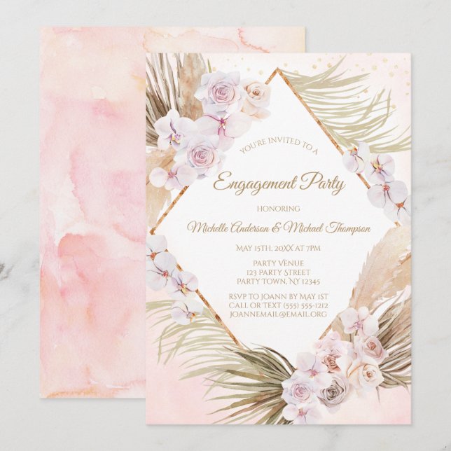 Lush Pink Gold Watercolor Floral Engagement Party Invitation (Front/Back)