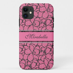 Lush Pink Lilies with black outline, pink glitter iPhone 11 Case