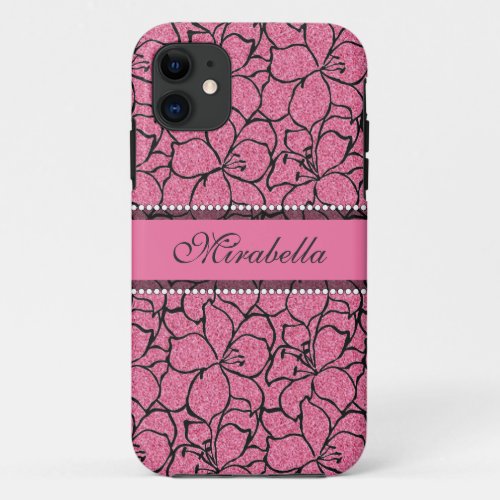 Lush Pink Lilies with black outline pink glitter iPhone 11 Case