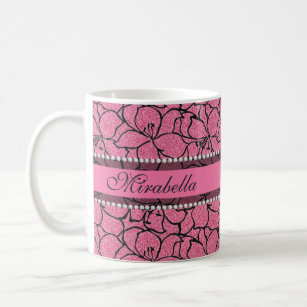 Lush Pink Lilies with black outline, pink glitter Coffee Mug