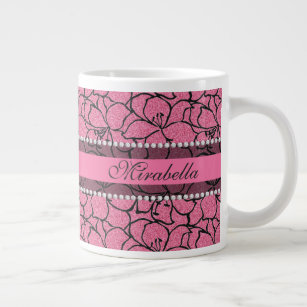Lush Pink Lilies with black outline, pink glitter Giant Coffee Mug