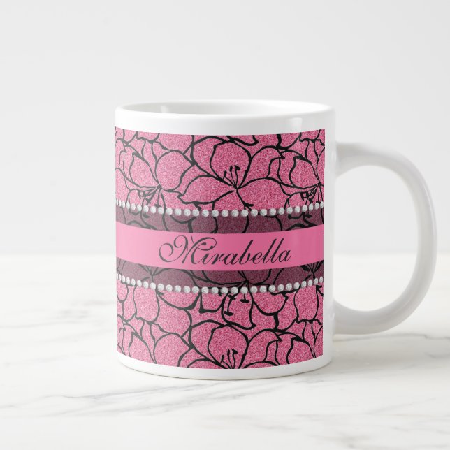 Lush Pink Lilies with black outline, pink glitter Giant Coffee Mug (Right)
