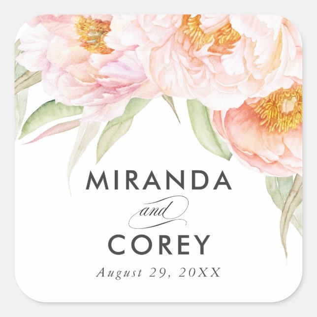 Lush Pink Peonies Floral Square Sticker (Front)