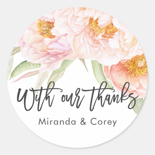 Lush Pink Peonies Floral Thank You Classic Round Sticker (Front)