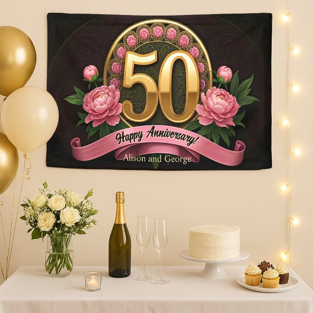 Lush Pink Peonies Gold 50th Wedding Anniversary Banner (Creator Uploaded)