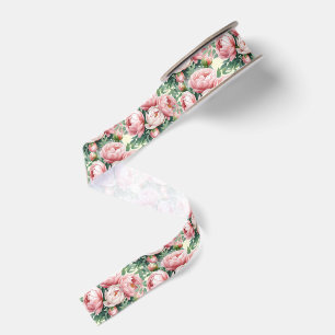 Lush Pink Peony Dense Floral Wedding Favor Grosgrain Ribbon
