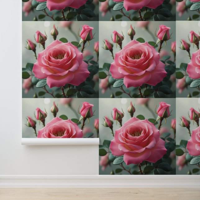 Lush Pink Rose Floral Removable Wall Art Wallpaper (Application)
