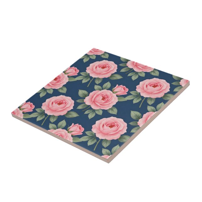 Lush pink roses botanical pattern ceramic tile (Side)