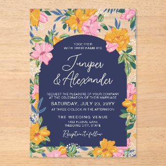 Lush Pink Yellow Flowers Dark Blue Wedding Acrylic Invitations