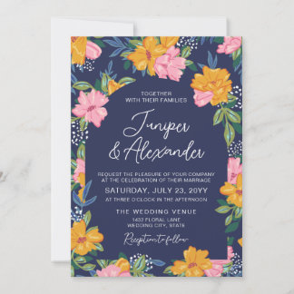 Lush Pink Yellow Flowers Dark Blue Wedding Invitation