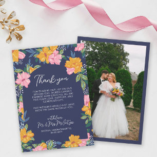 Lush Pink Yellow Flowers Dark Blue Wedding Photo Thank You Card