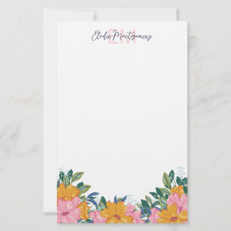 Lush Pink Yellow Flowers Name & Initial Stationery