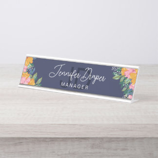 Lush Pink Yellow Flowers Name & Initials Desk Name Plate