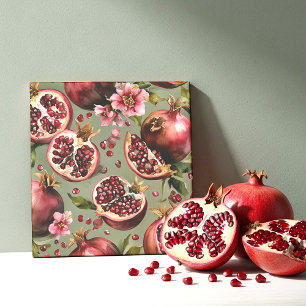 Lush Pomegranate Fruit and Flowers Pattern Ceramic Tile