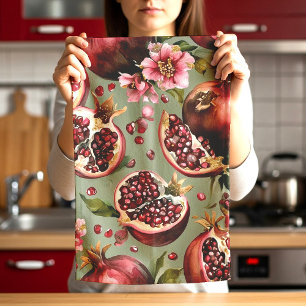 Lush Pomegranate Fruit and Flowers Pattern Kitchen Towel